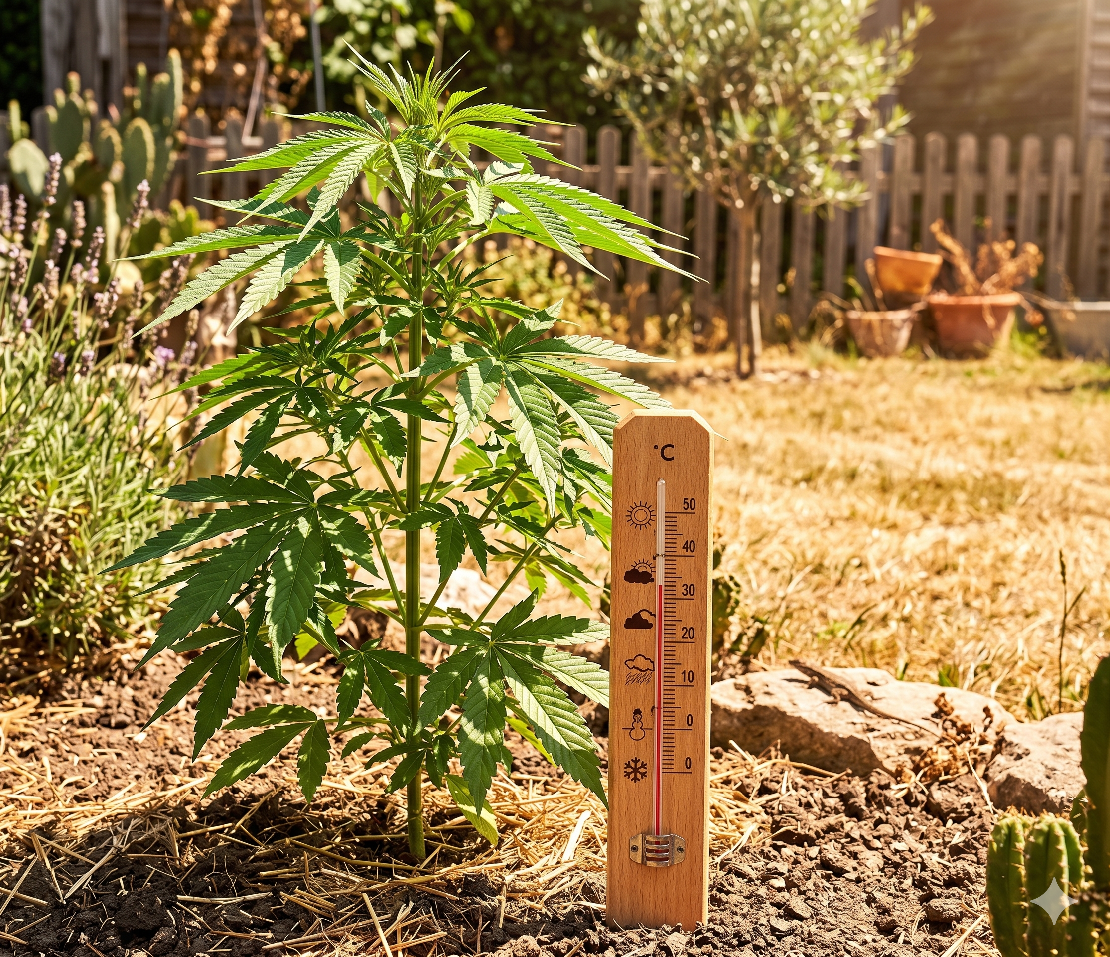 Cannabis plant thriving in a sunny summer garden beside a thermometer