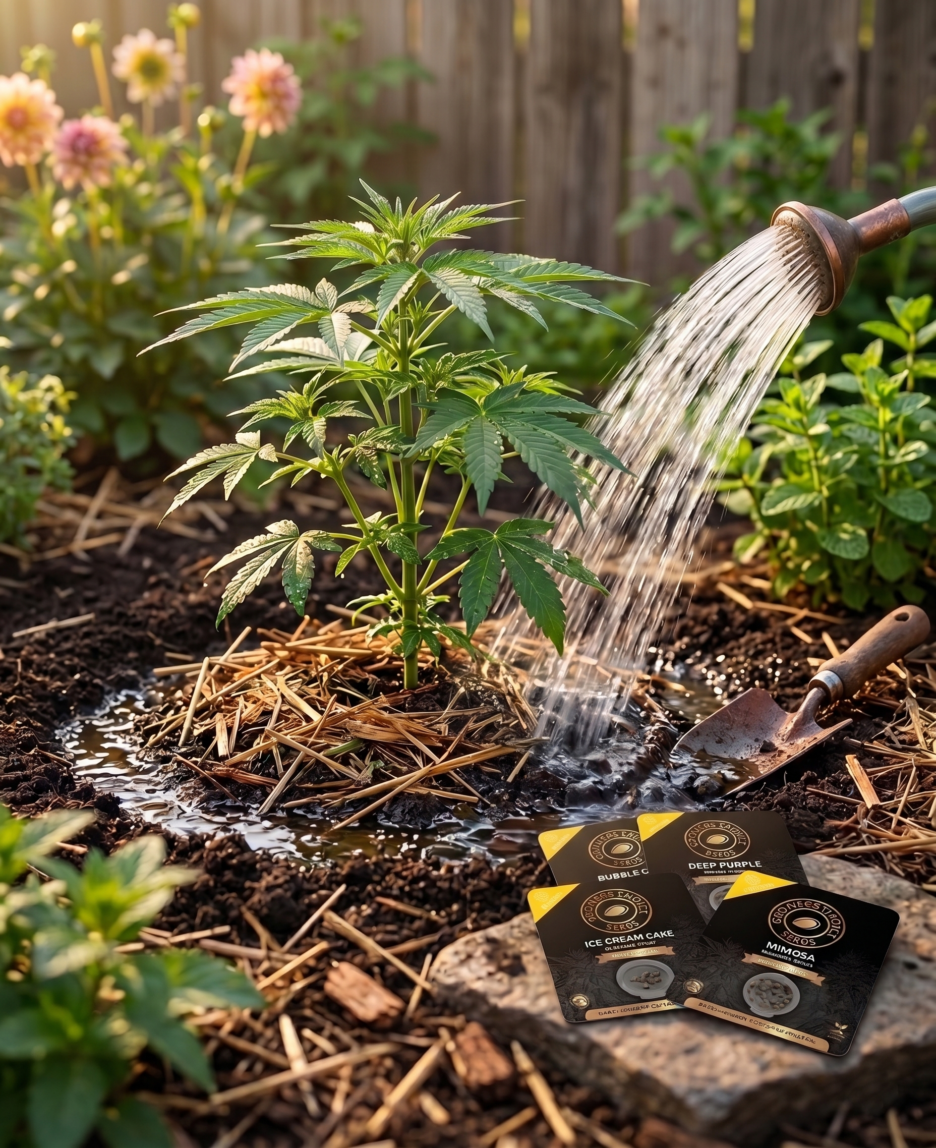 Watering a young cannabis plant mulched in a sunny summer garden